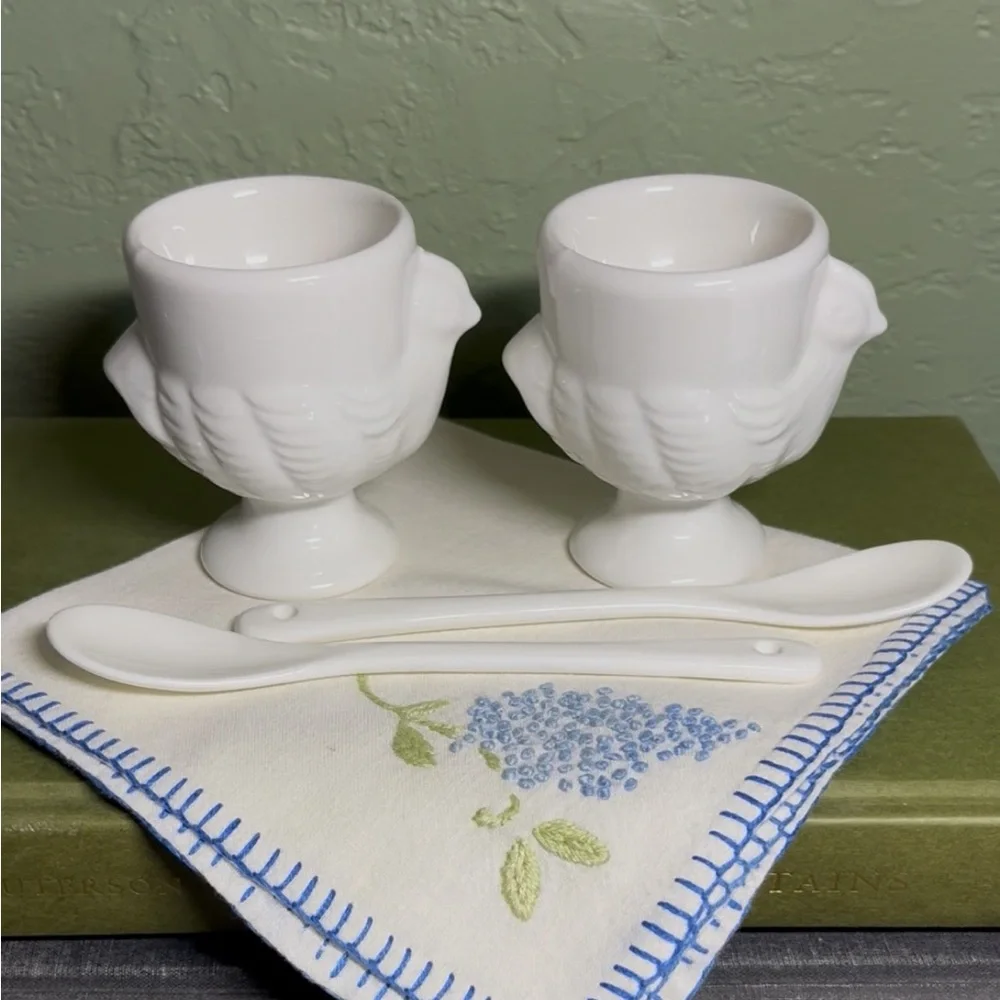 White Ceramic Egg Cups with Spoons